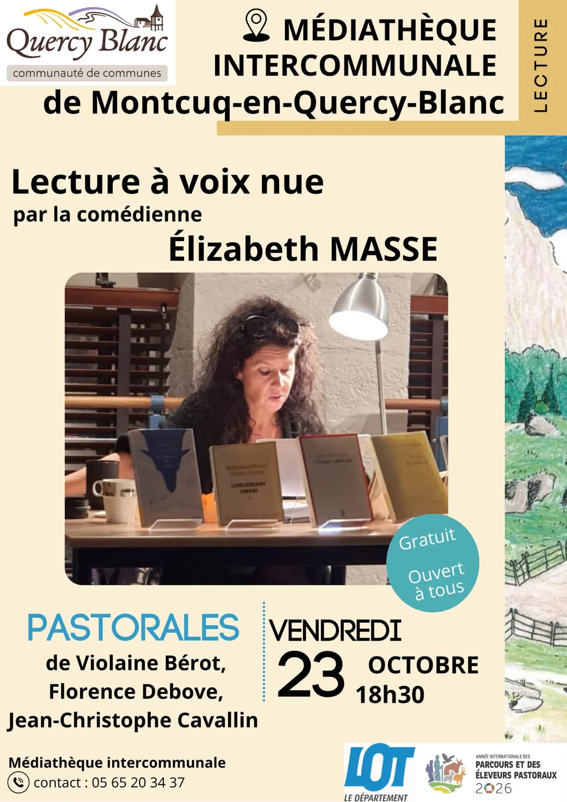 Image 1 : Lecture à voix nue à la Médiathèque intercommunale de Montcuq : "Pastorales" background